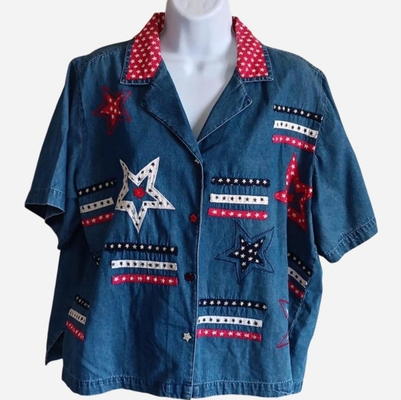 90s Denim Stars & Stripes Boxy Button Up Shirt By Tantrums, XL 100% Cotton - Picture 1 of 13